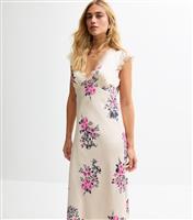 Women's Cream Floral Print Lace Trimmed Satin Midi Dress New Look