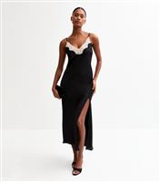Women's Black Lace Trimmed Satin Midi Dress New Look
