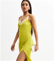 Women's Bright Green Lace Trimmed Satin Midi Dress New Look