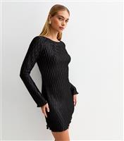 Women's Black Plisse Tie Back Long Sleeve Mini Dress New Look