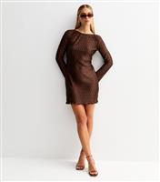 Women's Brown Plisse Tie Back Long Sleeve Mini Dress New Look
