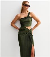 Women's Khaki Plisse Knotted Midi Skirt New Look