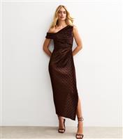 Women's Brown Textured One Shoulder Slit Hem Midi Dress New Look