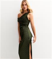 Women's Khaki Textured One Shoulder Slit Hem Midi Dress New Look