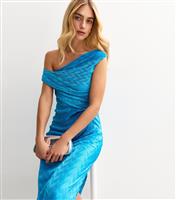 Women's Bright Blue Textured One Shoulder Slit Hem Midi Dress New Look