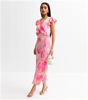 Women's Pink Floral Print Ruffled Trimmed Satin Midi Dress New Look