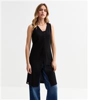 Women's Black Textured Long Line Button Front V Neck Waistcoat New Look