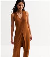 Women's Tan Textured Long Line Button Front V Neck Waistcoat New Look
