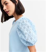 Women's Blue Broderie Anglaise Sleeve Jersey Top New Look