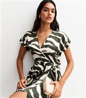 Women's Green Zebra Print Wrap Midi Dress New Look