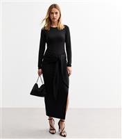 Women's Black Tie Front Jersey Midi Dress New Look