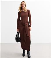 Women's Dark Brown Tie Front Jersey Midi Dress New Look