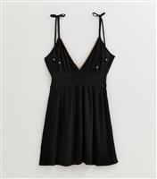 Women's Black Tie Strap Bead Trim Mini Cover Up Dress New Look