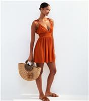 Women's Orange Tie Strap Bead Trim Mini Cover Up Dress New Look