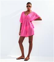 Women's Bright Pink Textured Tie Back Kaftan Dress New Look