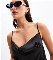 Women's Black Satin Floral Corsage Cowl Neck Cami Top New Look