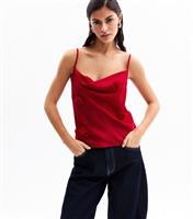 Women's Red Satin Floral Corsage Cowl Neck Cami Top New Look
