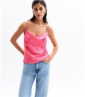 Women's Pink Satin Floral Corsage Cowl Neck Cami Top New Look