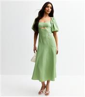 Women's Light Green Linen Blend Puff Sleeve Midi Dress New Look
