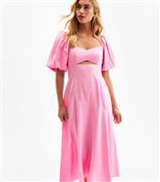 Women's Pink Linen Blend Puff Sleeve Midi Dress New Look