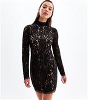 Women's Black Lace High Neck Long Sleeve Mini Dress New Look