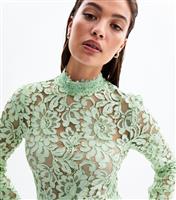 Women's Light Green Lace High Neck Long Sleeve Mini Dress New Look