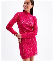 Women's Pink Lace High Neck Long Sleeve Mini Dress New Look