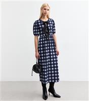 Women's Navy Checked Tie Neck Midi Dress New Look