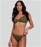Women's Dark Khaki Crinkle Texture Ring Detail Low Rise Swim Briefs South Beach New Look