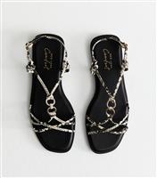 Women's Cream Snakeskin Print Multi Strap Faux Leather Flat Sandals New Look