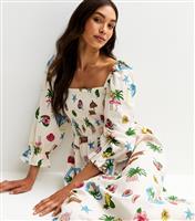 Women's White Tropical Print Puff Sleeve Midi Dress New Look