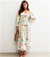 Women's Cream Floral Print Shirred Midi Dress New Look