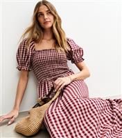 Women's Brown Check Print Shirred Square Neck Midi Dress New Look