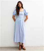 Women's Blue Gingham Print Shirred Top V Waist Midi Dress New Look