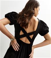 Women's Black Puff Sleeve Tiered Hem Midi Dress New Look