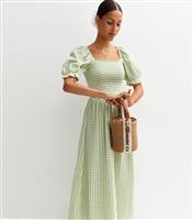 Women's Green Checked Puff Sleeve Midi Dress New Look