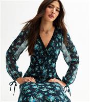 Women's Blue Floral Print Lace Trim Midi Dress New Look