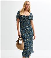 Women's Blue Floral Print Tie Sleeve Chiffon Midi Dress New Look