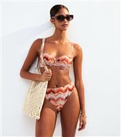 Women's Orange Tie Dye Metallic Print Textured High Waisted High Leg Bikini Briefs New Look