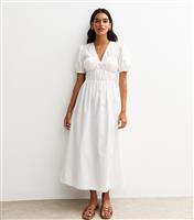 Women's White V Neck Shirred Bodice Bow Front Midi Dress New Look