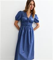 Women's Blue V Neck Shirred Bodice Bow Front Midi Dress New Look