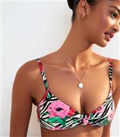 Women's Black Zebra Floral Print Knotted Bikini Top New Look