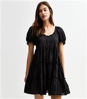Women's Black Textured Check Tiered Mini Smock Dress New Look