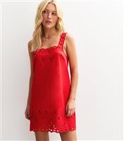 Women's Bright Red Cutwork Embroidered Strappy Mini Dress New Look