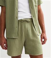 Men's Light Khaki Relaxed Textured Cotton Muslin Shorts New Look