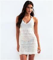 Women's White Knot Back Crochet Beach Mini Dress New Look