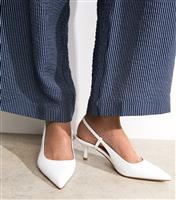 Women's White Faux Patent Leather Slingback Pumps Vegan New Look