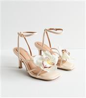 Women's Off White Faux Leather Orchid Applique Heel Sandals Vegan New Look