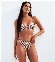 Women's Brown Diagonal Stripe High Cut Leg Bikini Briefs New Look
