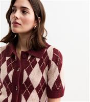 Women's Red Argyle Knit Short Sleeve Cardigan New Look